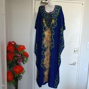 Elegant Blue and Green And Animal Print Kaftan Dress